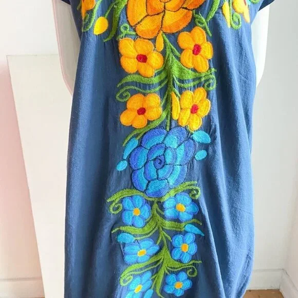 Vintage Navy Blue Cotton Floral Embroidered Tunic Dress L - Picture 5 of 7